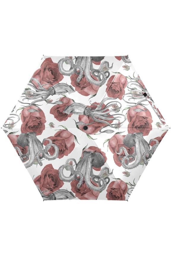 Squid Octopus Rose Flower Folding Umbrella for Rain Sun Travel Mini Lightweight Compact Umbrellas