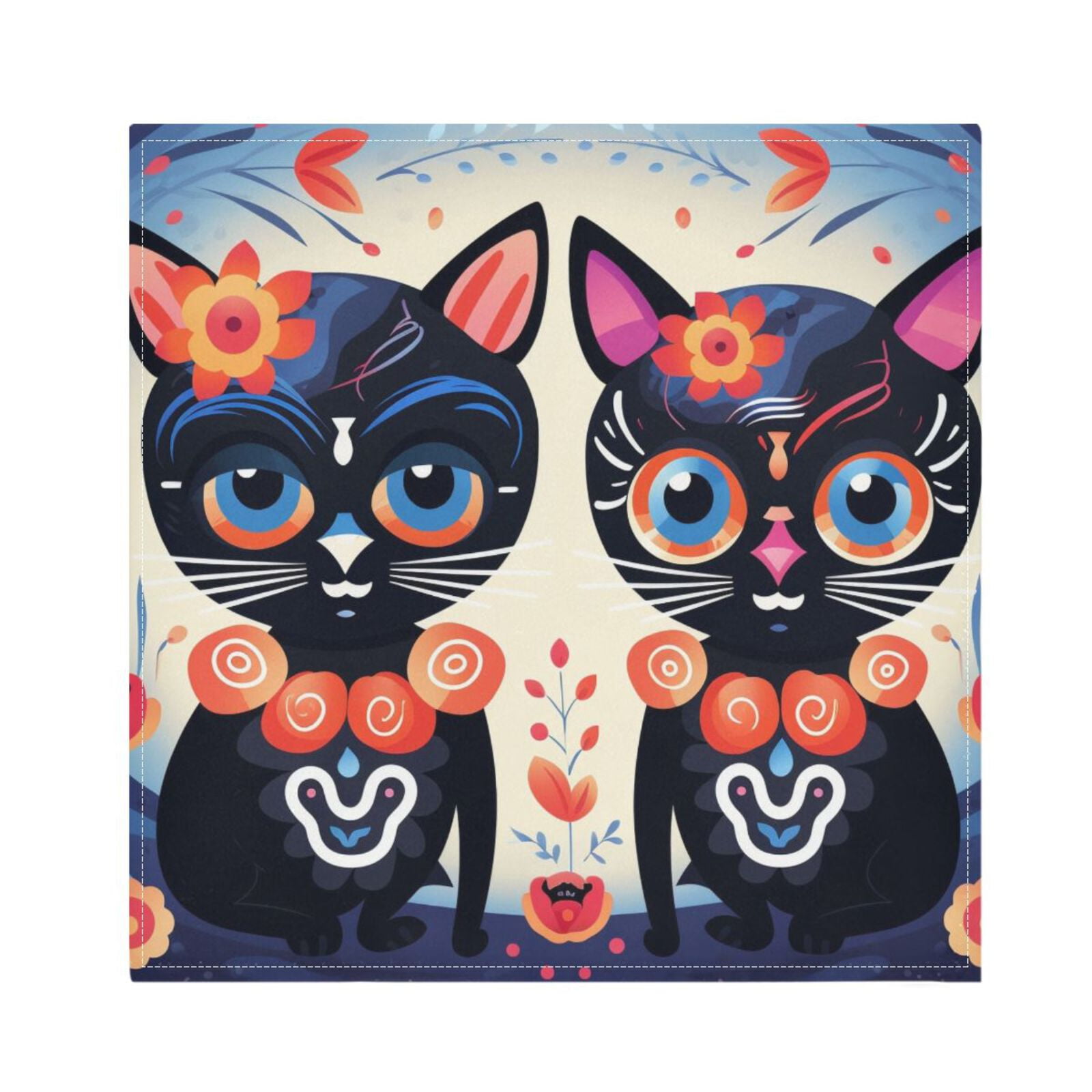 JSTEL Sugar Skull Cat Cute Cloth Napkins Set of 6, 20x20 Inch Washable and Reusable Napkin for Decoupage Dinner Party Everyday Use
