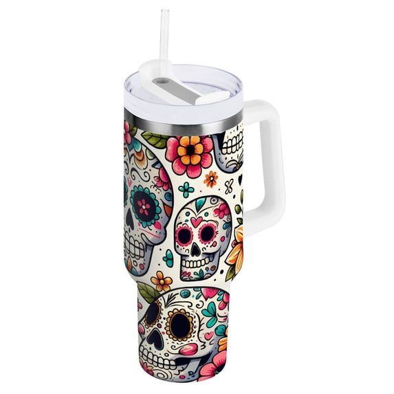 JSTEL Sugar Skull Day Of Dead Flower 30 oz Tumbler Stainless Steel Water Bottle Vacuum Insulated Cup with Straw Lid & Handle For Travel Car Cup Holder