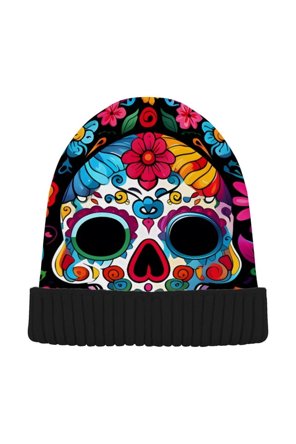 Sugar Skull Day Of Dead Beanie for Women Men Winter Hat Reversible Skull Knit Cap