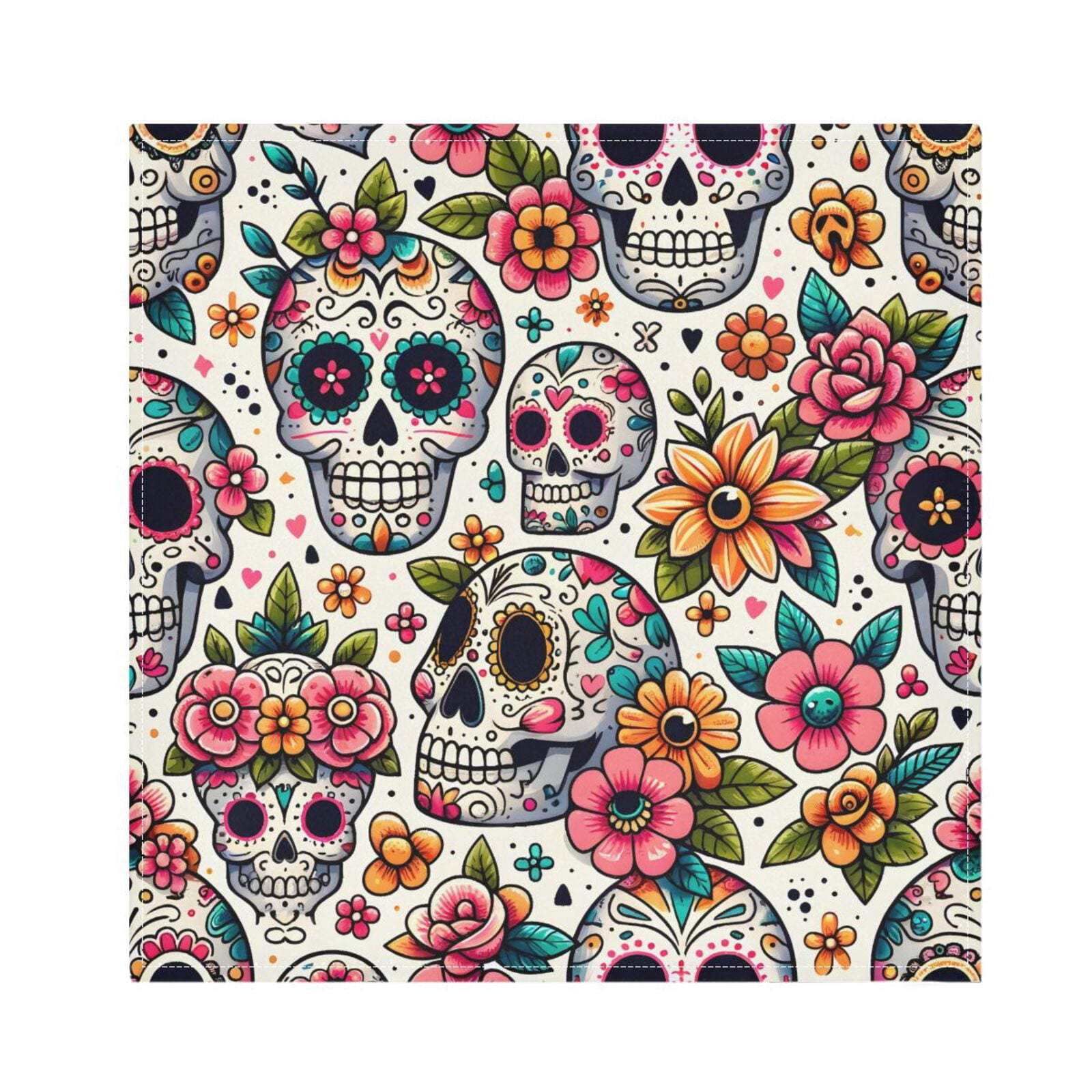 JSTEL Sugar Skull Day Of Dead Flower Cloth Napkins Set of 6, 20x20 Inch Washable and Reusable Napkin for Decoupage Dinner Party Everyday Use