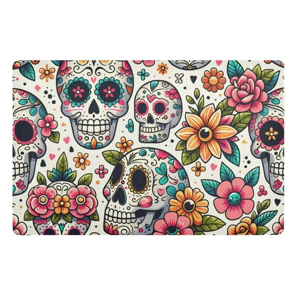 JSTEL Sugar Skull Day Of Dead Flower Front Door Mat Outside Entrance 32x20 Inch Doormat for Outdoor Indoor Washable Non Slip Floor Mats