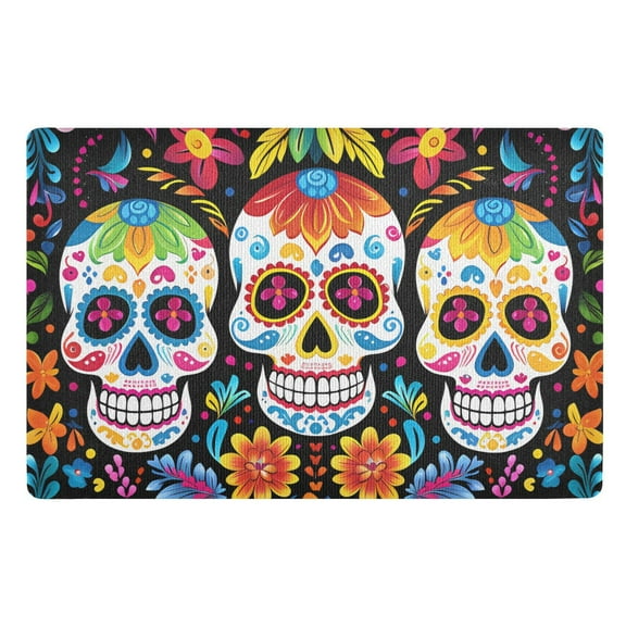 JSTEL Sugar Skull Day Of Dead Front Door Mat Outside Entrance 32x20 Inch Doormat for Outdoor Indoor Washable Non Slip Floor Mats