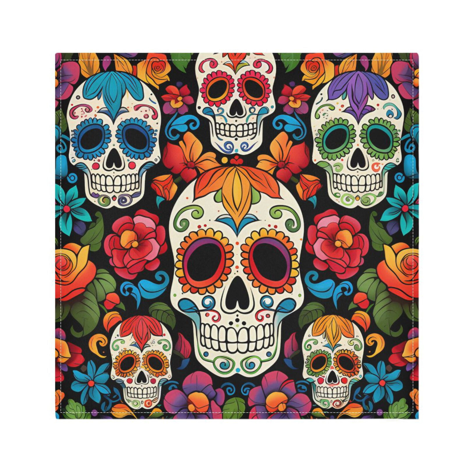 JSTEL Sugar Skull Floral Day Of Dead Cloth Napkins Set of 6, 20x20 Inch Washable and Reusable Napkin for Decoupage Dinner Party Everyday Use