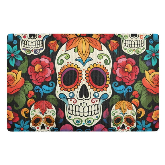 JSTEL Sugar Skull Floral Day Of Dead Front Door Mat Outside Entrance 32x20 Inch Doormat for Outdoor Indoor Washable Non Slip Floor Mats