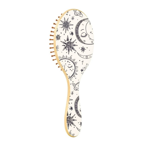 JSTEL Sun Moon Star Doodle Hair Brush for Women Men Natural Wood Detangler Brushes for All Hair Types Hairbrush for Wet & Dry