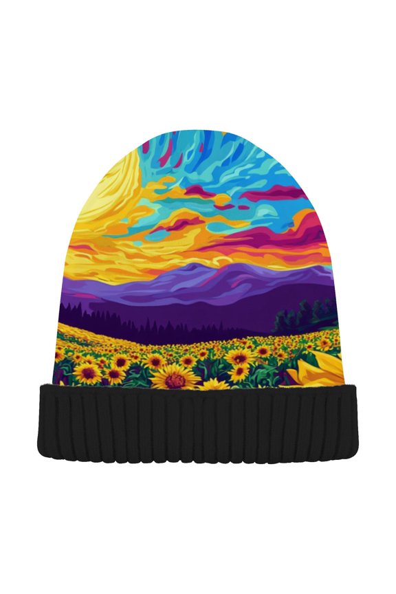 Sunflower Field Art Beanie for Women Men Winter Hat Reversible Skull Knit Cap