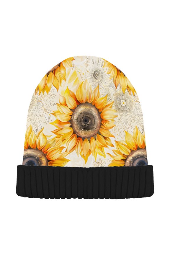 Sunflower Mandala Beanie for Women Men Winter Hat Reversible Skull Knit Cap