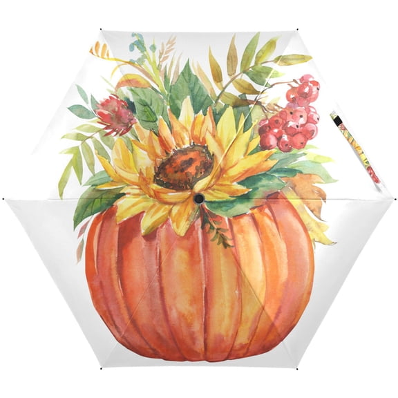 JSTEL Sunflowers Pumpkin Fall Folding Umbrella for Rain Sun Travel Mini Lightweight Compact Umbrellas