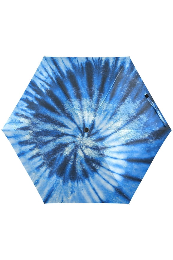 Tie Dye Blue Swirl Design Folding Umbrella for Rain Sun Travel Mini Lightweight Compact Umbrellas