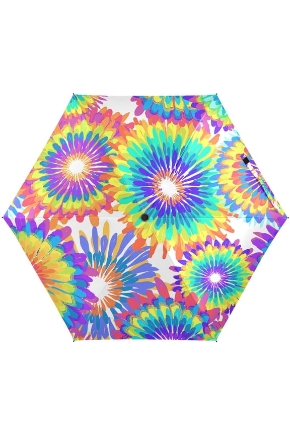 Tie Dye Rainbow Circle Folding Umbrella for Rain Sun Travel Mini Lightweight Compact Umbrellas