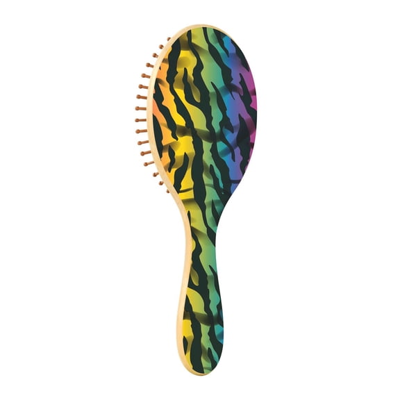 JSTEL Tiger Print Rainbow Color Hair Brush for Women Men Natural Wood Detangler Brushes for All Hair Types Hairbrush for Wet & Dry