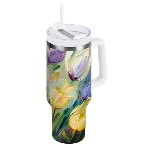 JSTEL Tulip Flower Floral Painting 40 oz Tumbler Stainless Steel Water Bottle Vacuum Insulated Cup with Straw Lid & Handle For Travel Car Cup Holder