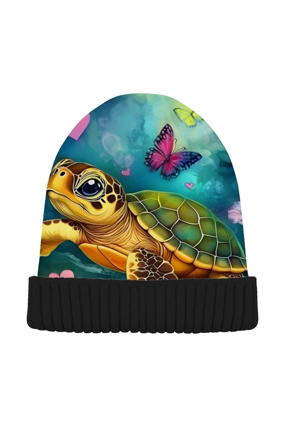 Turtle Butterfly Beanie for Women Men Winter Hat Reversible Skull Knit Cap
