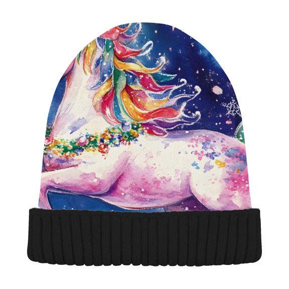 JSTEL Unicorn Christmas Watercolor Beanie for Women Men Winter Hat Reversible Skull Knit Cap