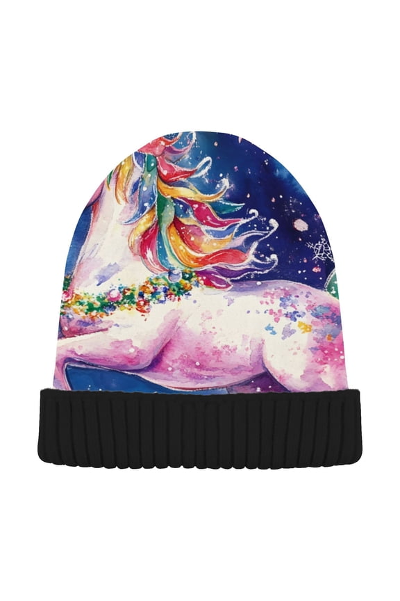 Unicorn Christmas Watercolor Beanie for Women Men Winter Hat Reversible Skull Knit Cap