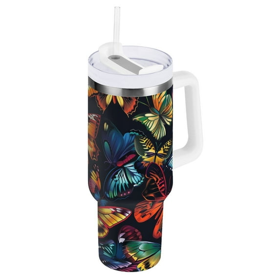 JSTEL Various Colorful Butterfly 30 oz Tumbler Stainless Steel Water Bottle Vacuum Insulated Cup with Straw Lid & Handle For Travel Car Cup Holder