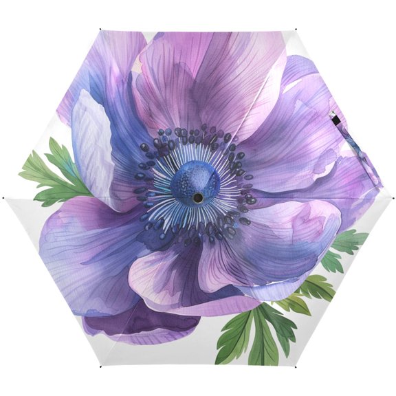 JSTEL Watercolor Anemone Flower Folding Umbrella for Rain Sun Travel Mini Lightweight Compact Umbrellas