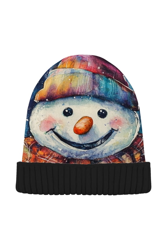 Watercolor Snow Man Beanie for Women Men Winter Hat Reversible Skull Knit Cap