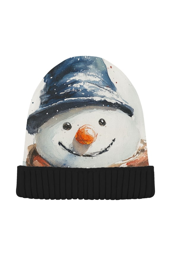 Watercolor Snow Man Winter Beanie for Women Men Winter Hat Reversible Skull Knit Cap