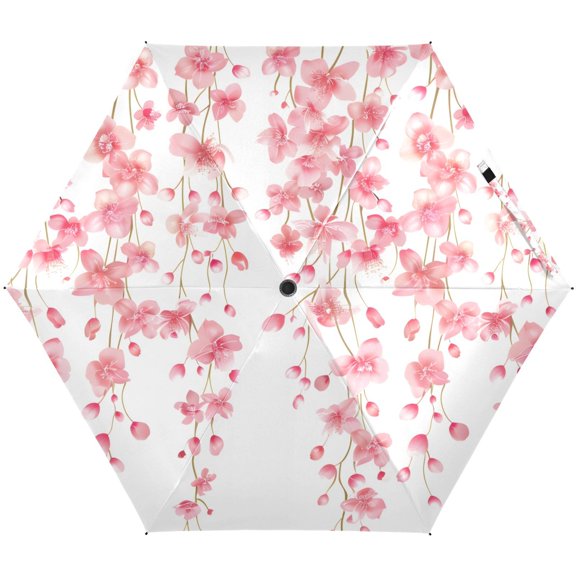 JSTEL Weeping Cherry Blossom Flower Pink Folding Umbrella for Rain Sun Travel Mini Lightweight Compact Umbrellas