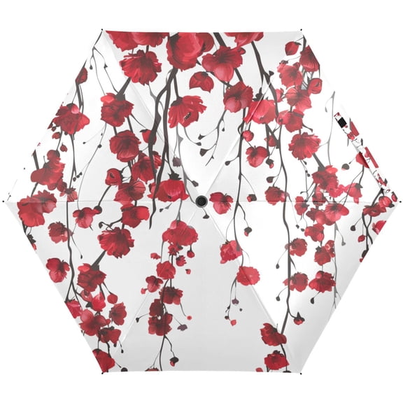 JSTEL Weeping Red Cherry Blossom Flowers Folding Umbrella for Rain Sun Travel Mini Lightweight Compact Umbrellas