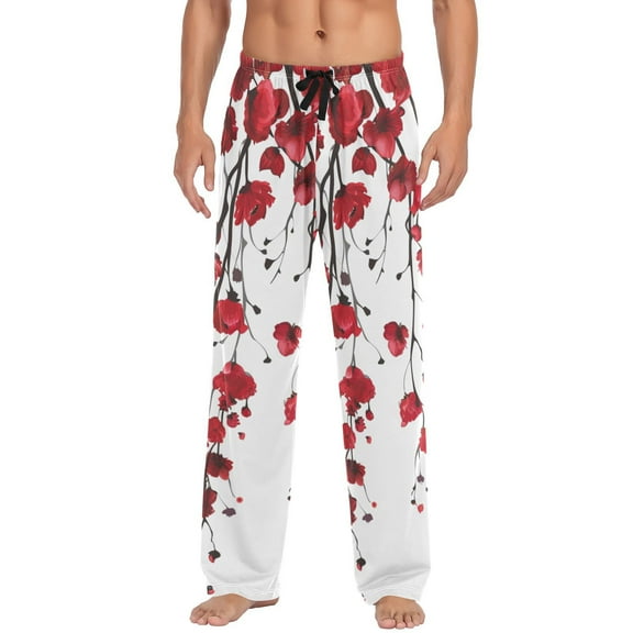 JSTEL Weeping Red Cherry Blossom Flowers Men's Sleepwear Mens Pajama Pants Bottoms with Pockets, M