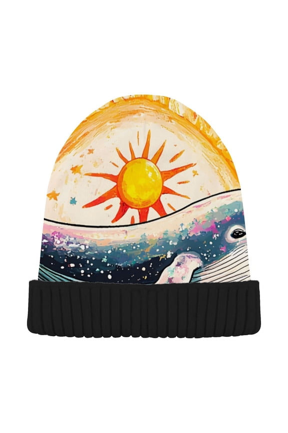 Whale Sun Star Beanie for Women Men Winter Hat Reversible Skull Knit Cap