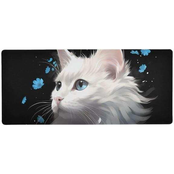 JSTEL White Cat Large Gaming Mouse Pad Big Mousepad Mice Keyboard Mat with Non-Slip Rubber Base for Computer Laptop Home & Office, 31.5 X 11.8 inch