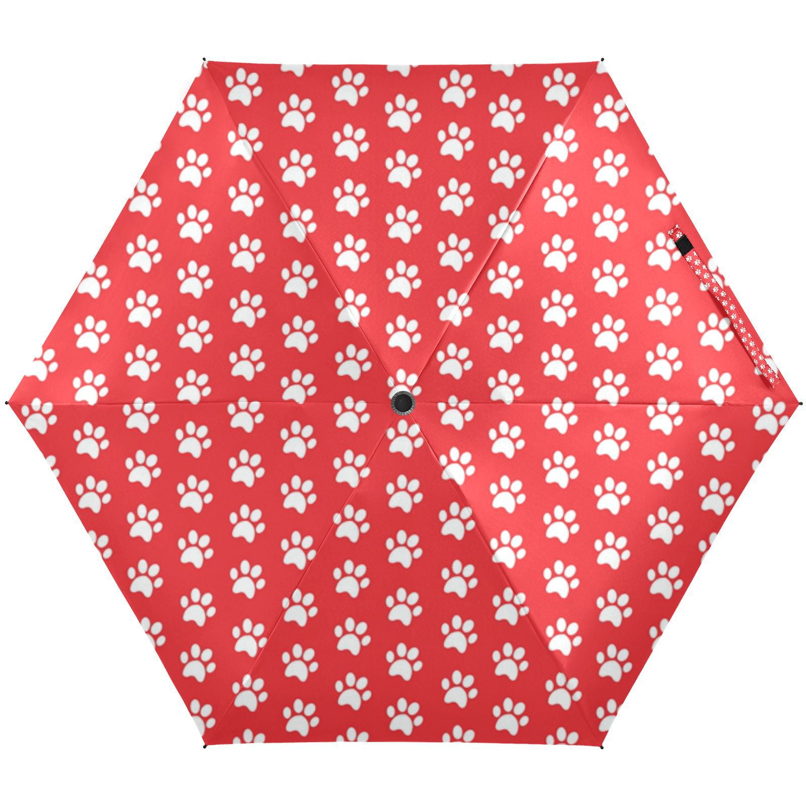 JSTEL White Dog Paw Print Red Folding Umbrella for Rain Sun Travel Mini ...
