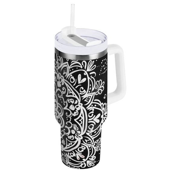 JSTEL White Graffiti Mandala 30 oz Tumbler Stainless Steel Water Bottle Vacuum Insulated Cup with Straw Lid & Handle For Travel Car Cup Holder