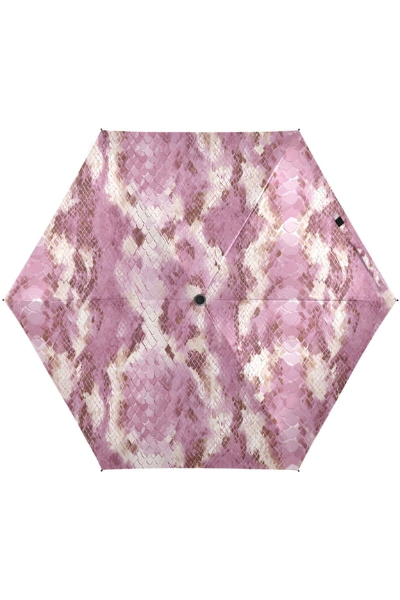 White Pink Snake Print Folding Umbrella for Rain Sun Travel Mini Lightweight Compact Umbrellas
