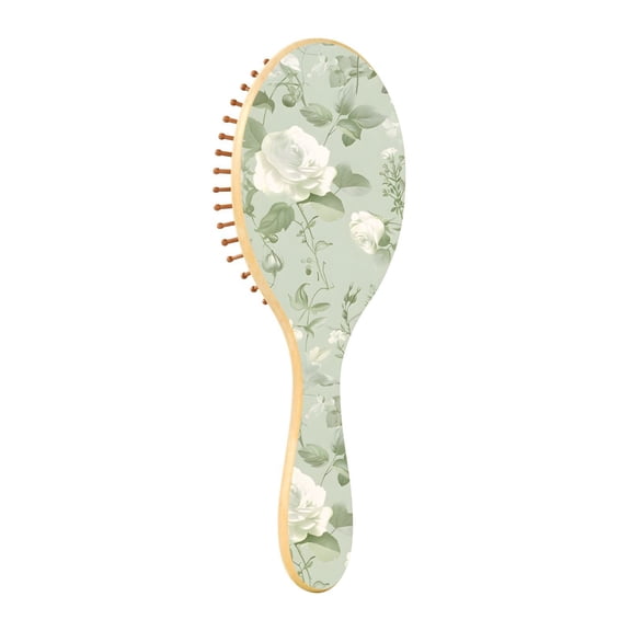 JSTEL White Rose Flower Light Green Hair Brush for Women Men Natural Wood Detangler Brushes for All Hair Types Hairbrush for Wet & Dry