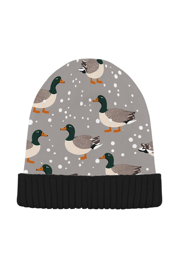 Winter Snow Mallard Ducks Beanie for Women Men Winter Hat Reversible Skull Knit Cap