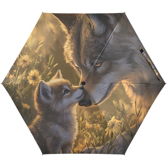 JSTEL Wolf Daisy Field Folding Umbrella for Rain Sun Travel Mini Lightweight Compact Umbrellas
