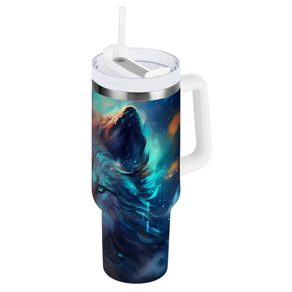 JSTEL Wolf Galaxy 40 oz Tumbler Stainless Steel Water Bottle Vacuum Insulated Cup with Straw Lid & Handle For Travel Car Cup Holder