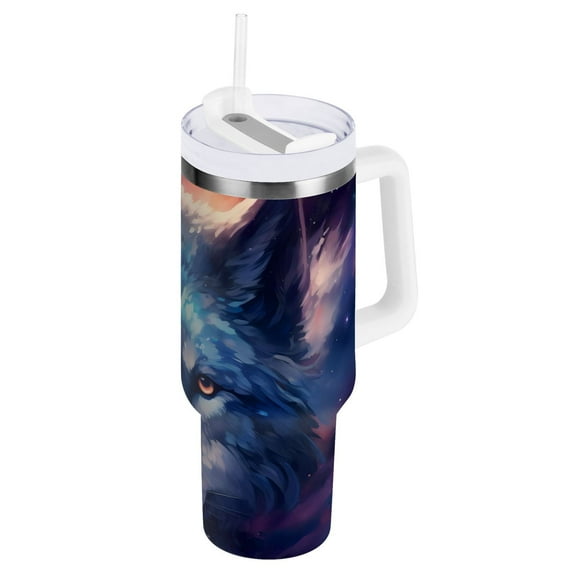 JSTEL Wolf Galaxy Space 30 oz Tumbler Stainless Steel Water Bottle Vacuum Insulated Cup with Straw Lid & Handle For Travel Car Cup Holder