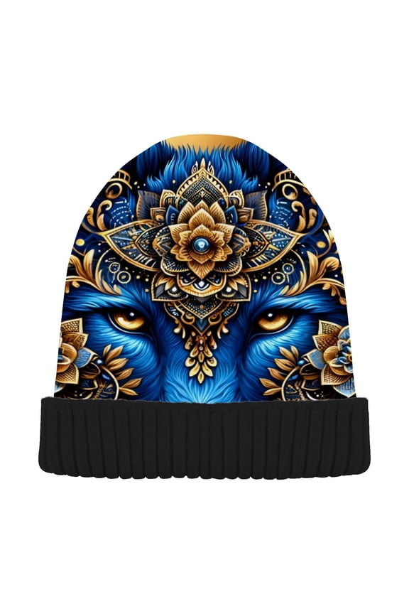 Wolf Head Boho Beanie for Women Men Winter Hat Reversible Skull Knit Cap