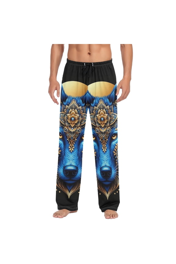 Wolf Head Boho Men's Sleepwear Mens Pajama Pants Bottoms with Pockets, S