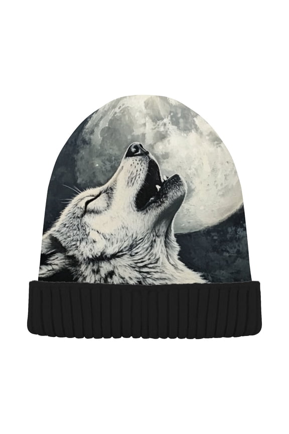 Wolf Howling Moon Beanie for Women Men Winter Hat Reversible Skull Knit Cap