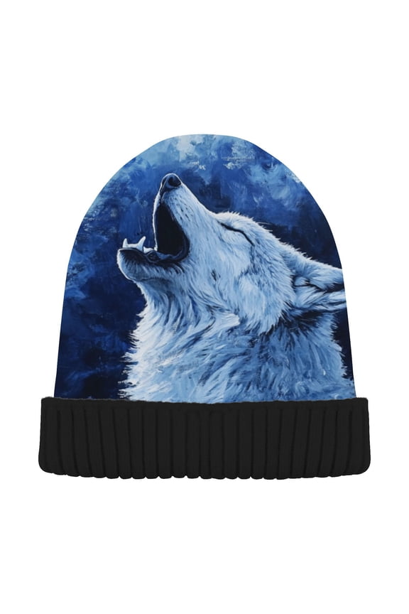Wolf Howling at Night Beanie for Women Men Winter Hat Reversible Skull Knit Cap