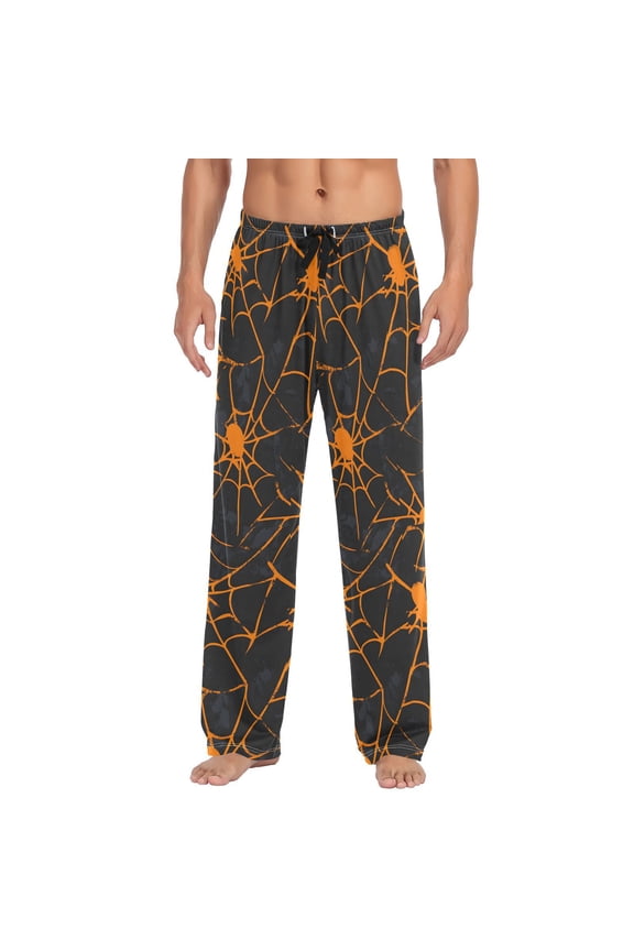 Yellow Spider Web Halloween Men's Sleepwear Mens Pajama Pants Bottoms with Pockets, S