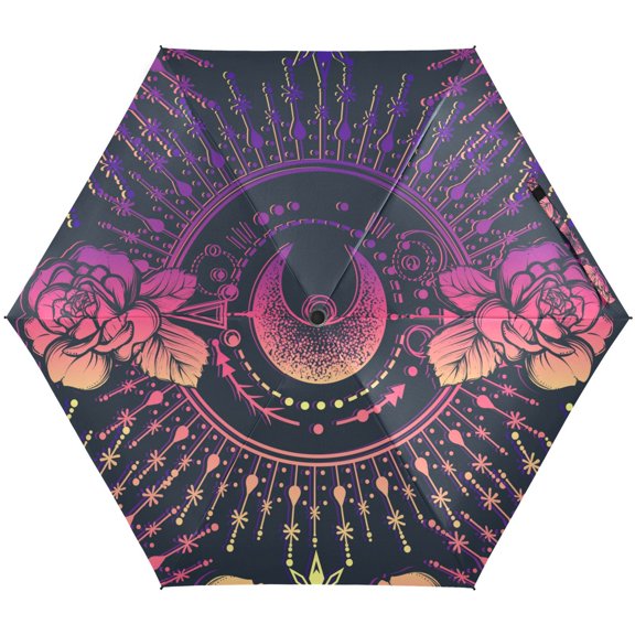 JSTEL rainbow moon star rose flower astrology Alchemy Folding Umbrella for Rain Sun Travel Mini Lightweight Compact Umbrellas