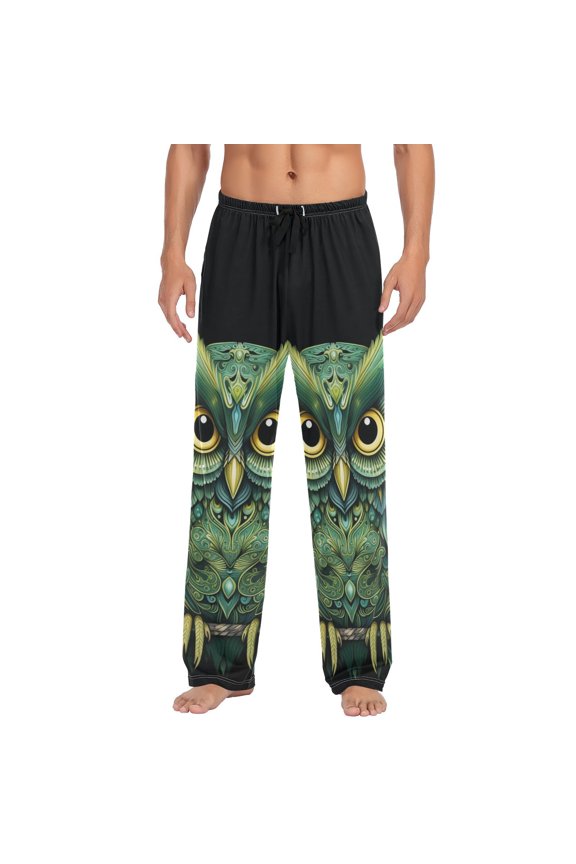 Green Owl Print Boho Men's Sleepwear Mens Pajama Pants Bottoms with Pockets, L