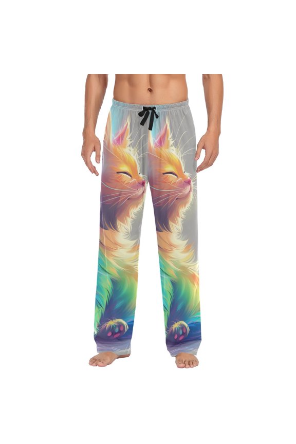 Rainbow Cat Kitten Men's Sleepwear Mens Pajama Pants Bottoms with Pockets, L