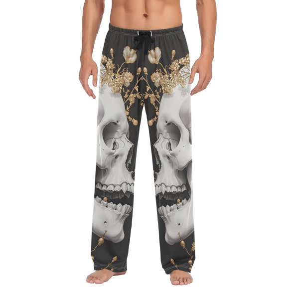 JSTELSkull Gold Cherry Blossom Men's Sleepwear Mens Pajama Pants Bottoms with Pockets, L