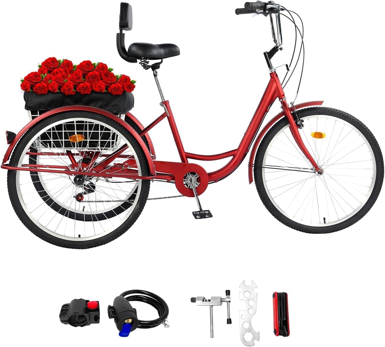 JSTUOKE 26 7 Speed Trike with Basket Three Wheel Adult Shopping Tricycle Red Walmart