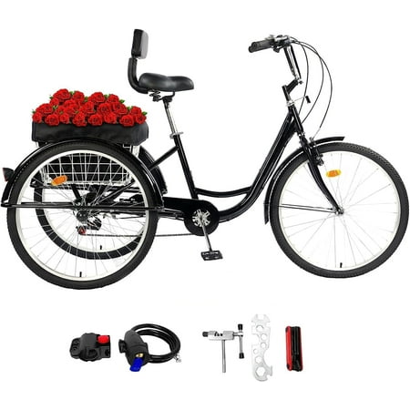 JSTUOKE 26 Inch 3 Wheels Adult Travel Shopping Tricycle with 7 Speed Gear System with Shopping Basket and Backrest for Seniors, Ladies, Men Multiple ColorsBlack