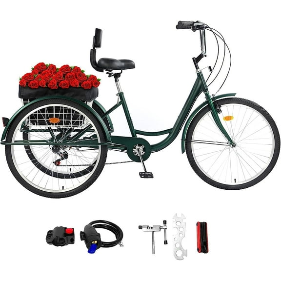 JSTUOKE 26 Inch 3 Wheels Adult Travel Shopping Tricycle with 7 Speed Gear System with Shopping Basket and Backrest for Seniors, Ladies, Men Multiple ColorsGreen