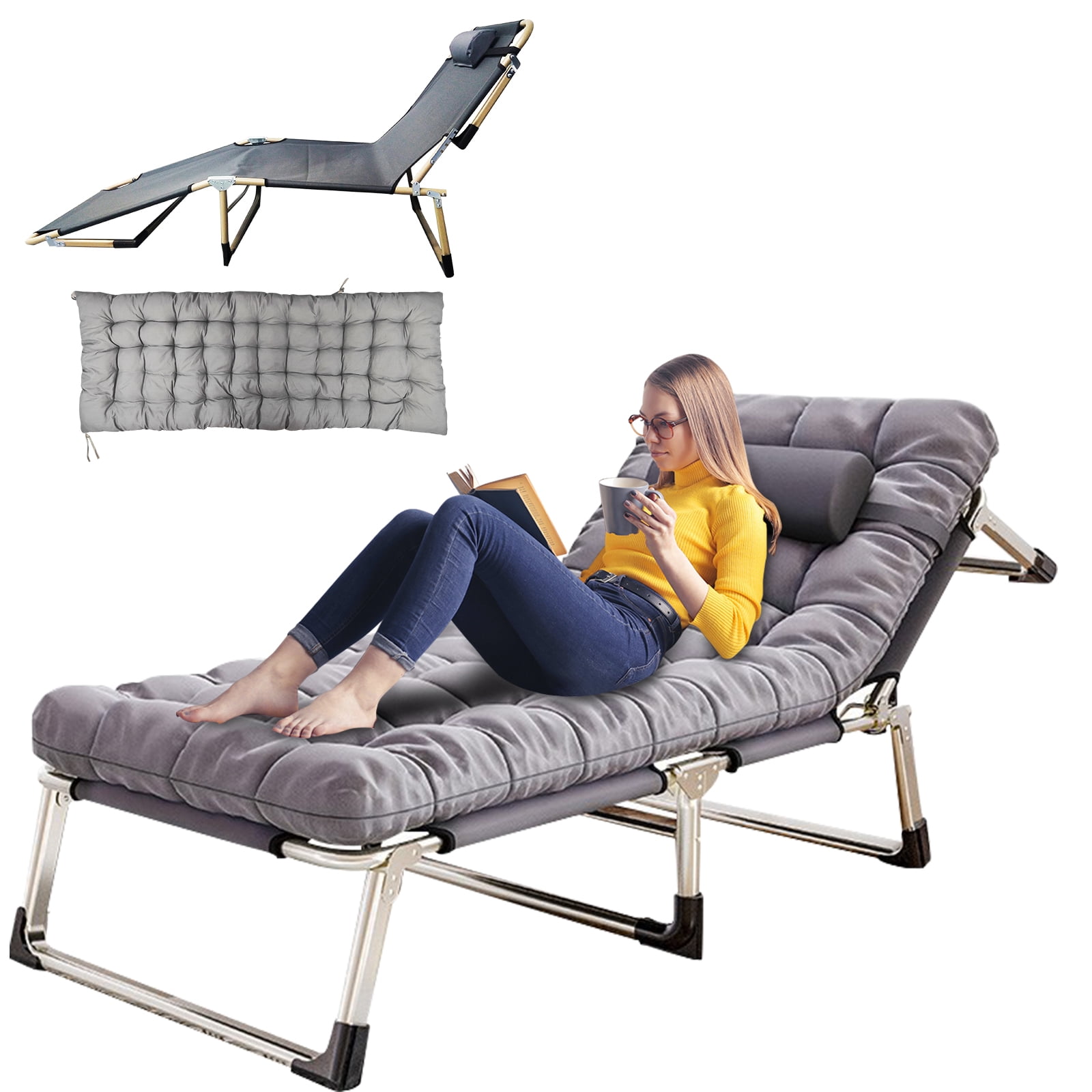 JSTUOKE 5-Fold Camping cot for Adults & Kids, Adjustable Folding Bed Reclining Folding Lounge Chairs with Pillow and Pearl cotton pad, Portable Intdoor Folding Sleeping Cots Bed